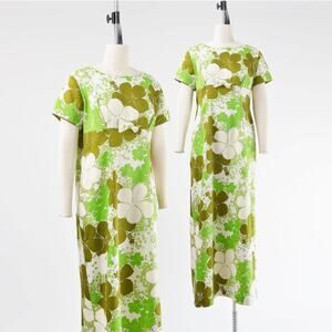 Vintage 60s Hawaiian Green Floral Empire Waist Cotton Maxi Dress size M